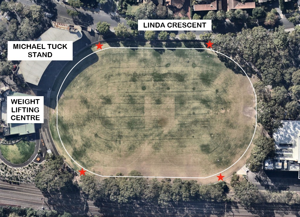 Map showing proposed light pole locations at Glenferrie Oval