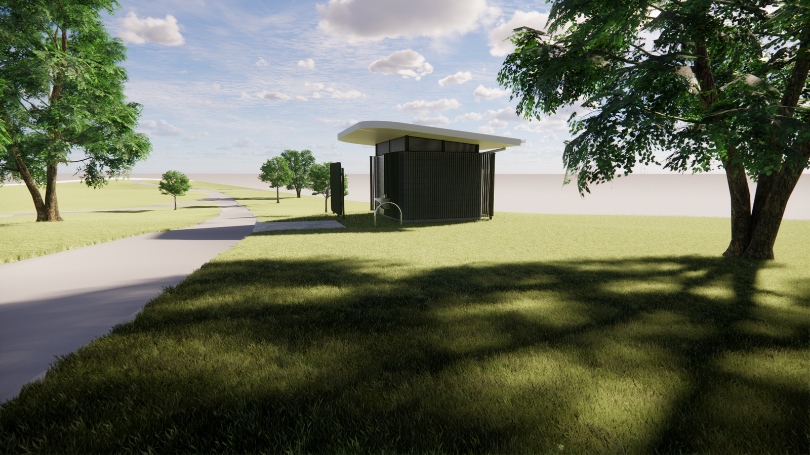 A zoomed out view of a modern public toilet design in green and cream colors, featuring a privacy screen, an outdoor sink and a bike rack