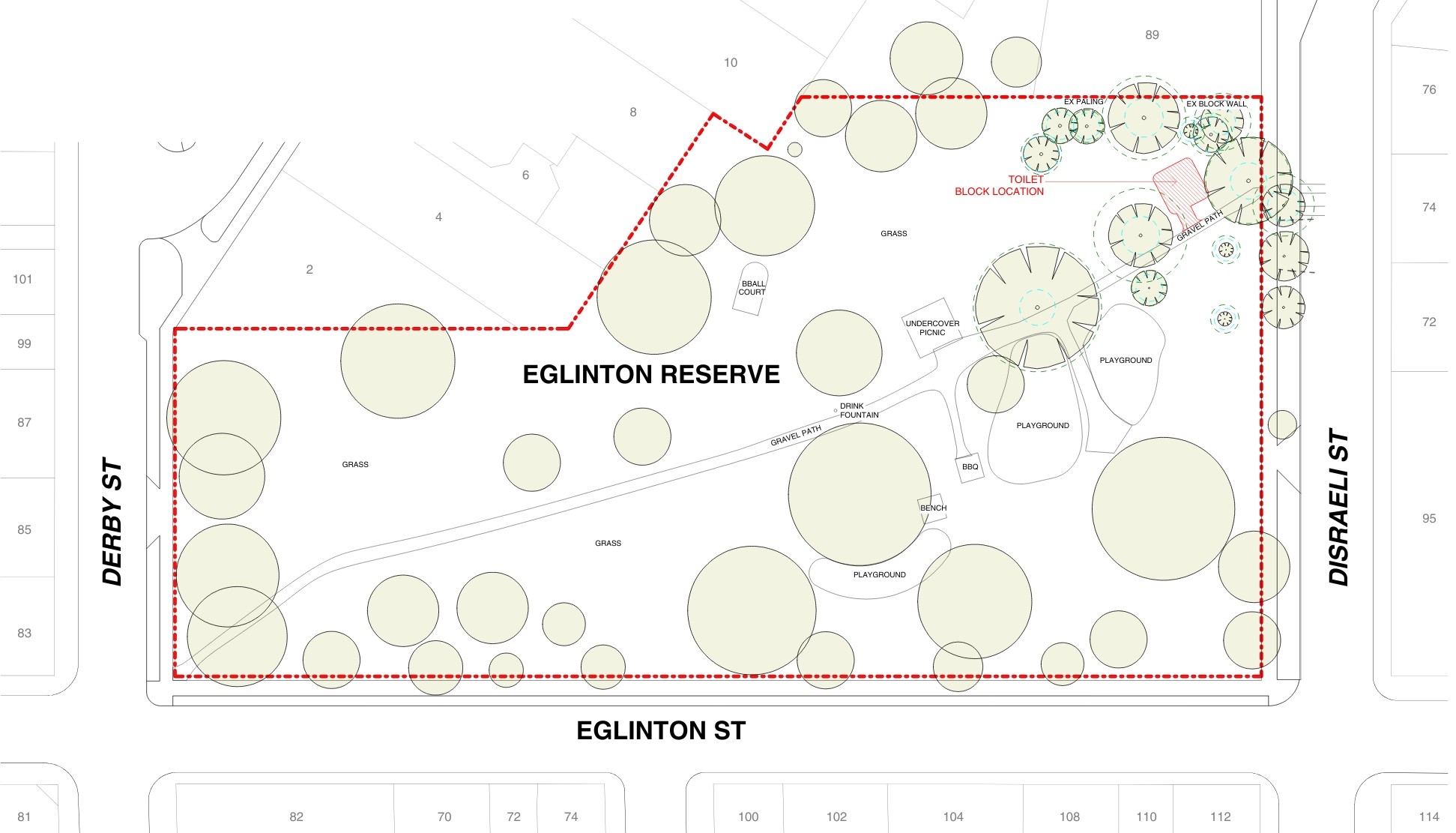Map showing location of proposed new toilet at Eglinton Reserve