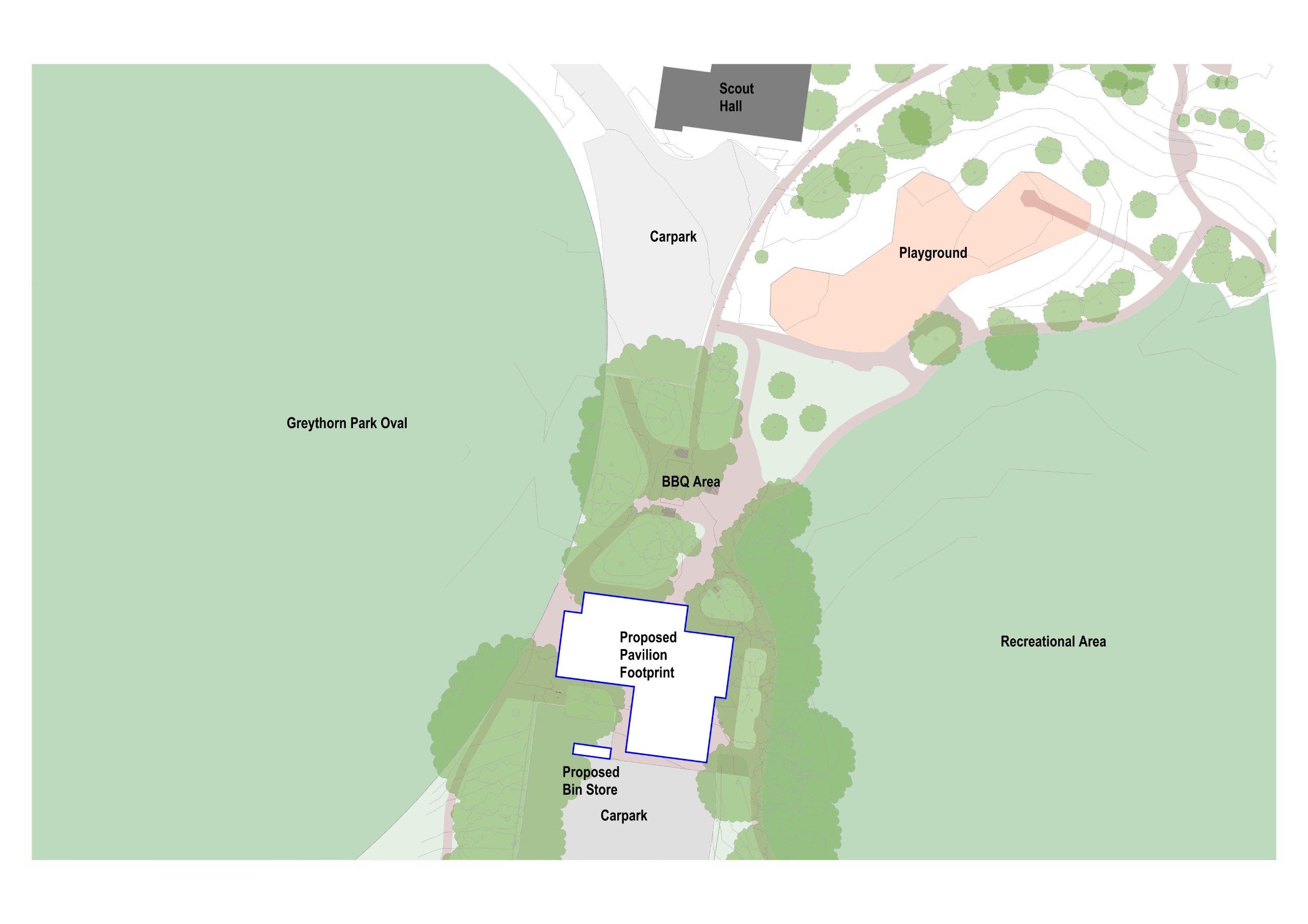 Updated design: Site plan showing proposed pavilion footprint (after consultation) and proposed bins store. As well as car park and BBQ area.
