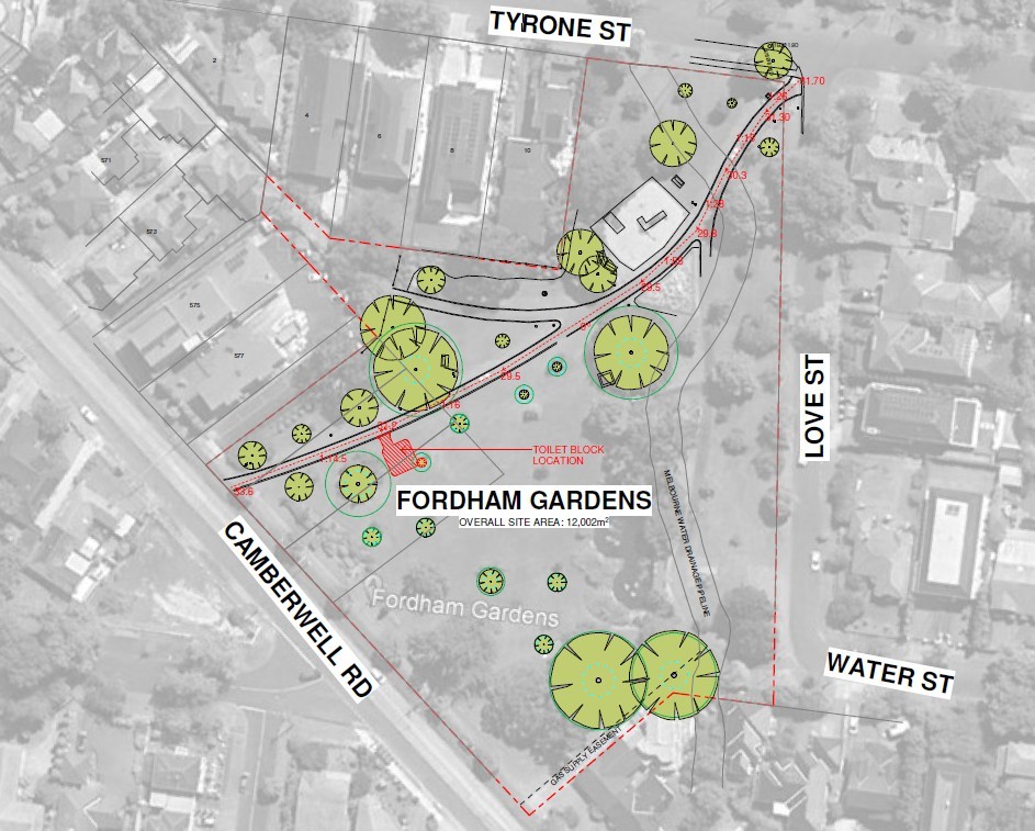 Map showing location of proposed new toilet at Fordham Gardens
