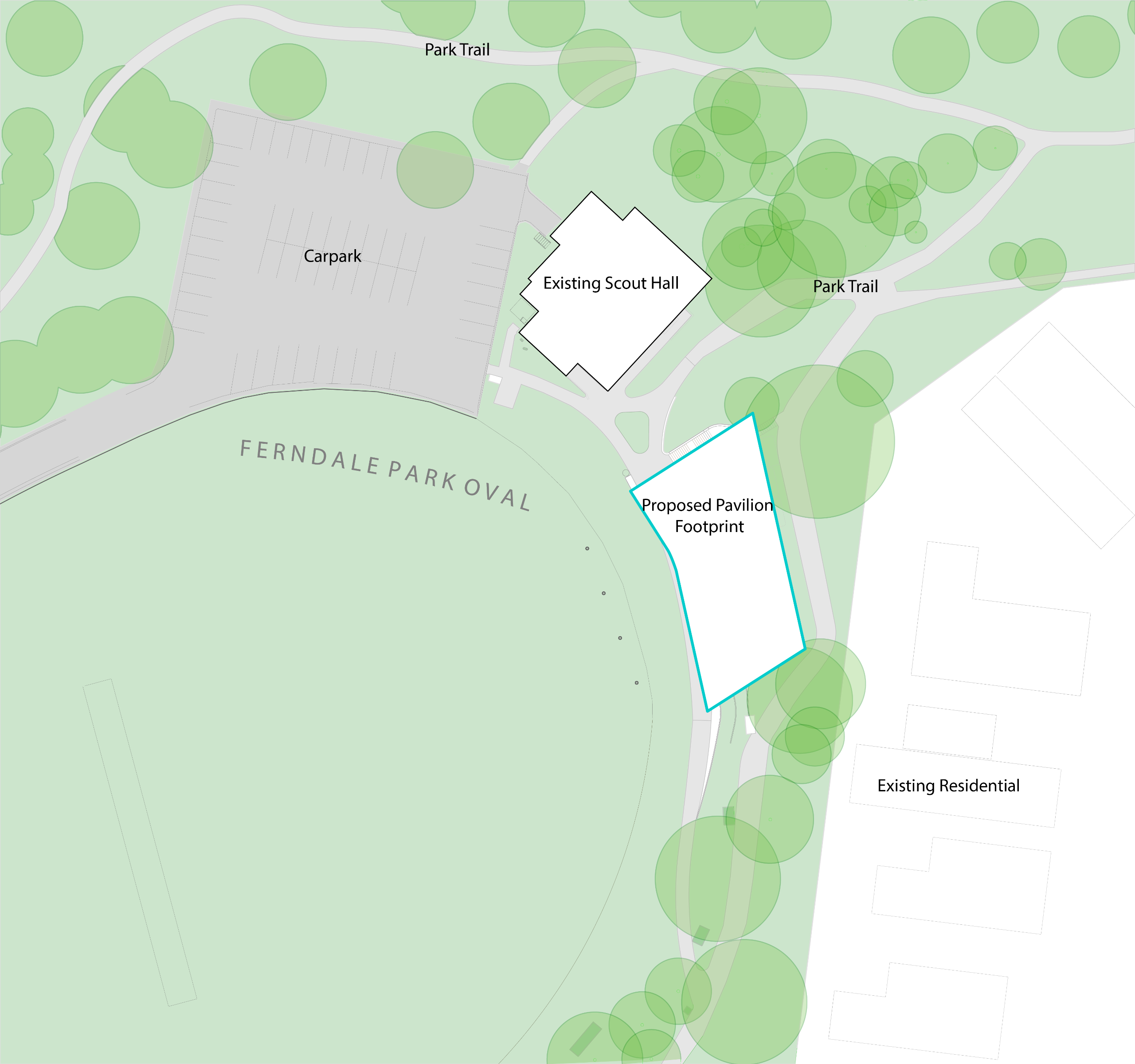 After: Site plan showing proposed pavilion footprint. As well as existing Scout Hall, carpark and proposed updated park trail.