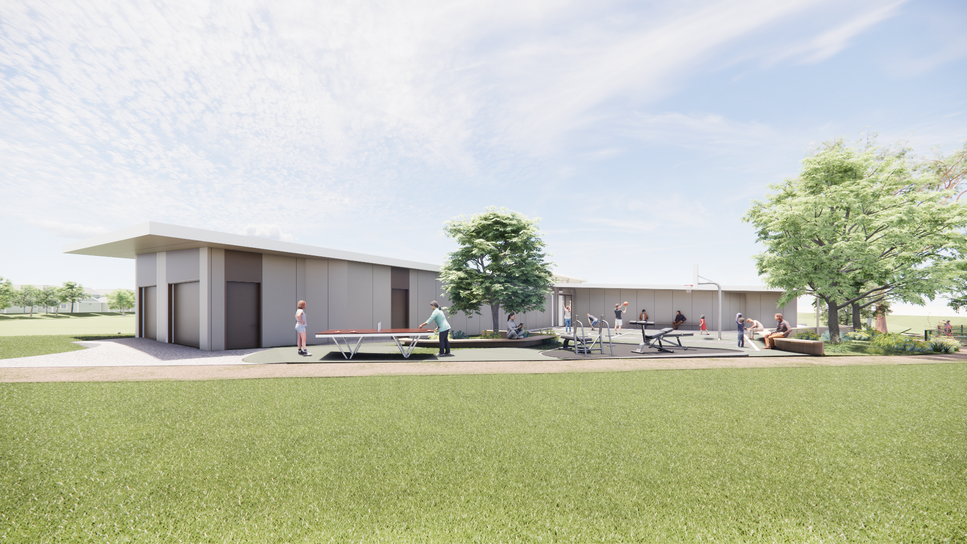 Render of the proposed pavilion design, viewed from the multi-purpose courts