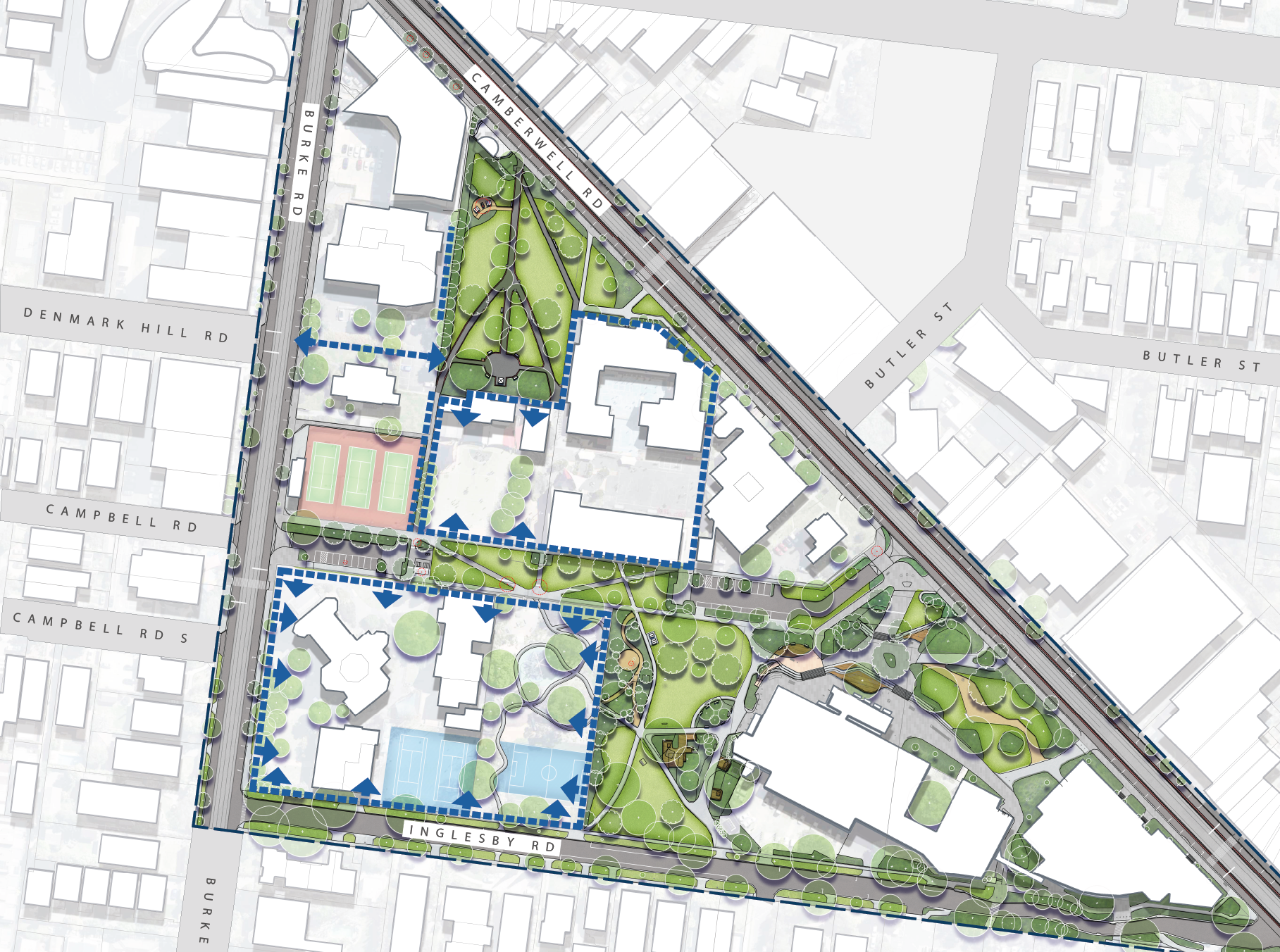 Map highlighting proposed recommendations to Lower Reserve from the master plan