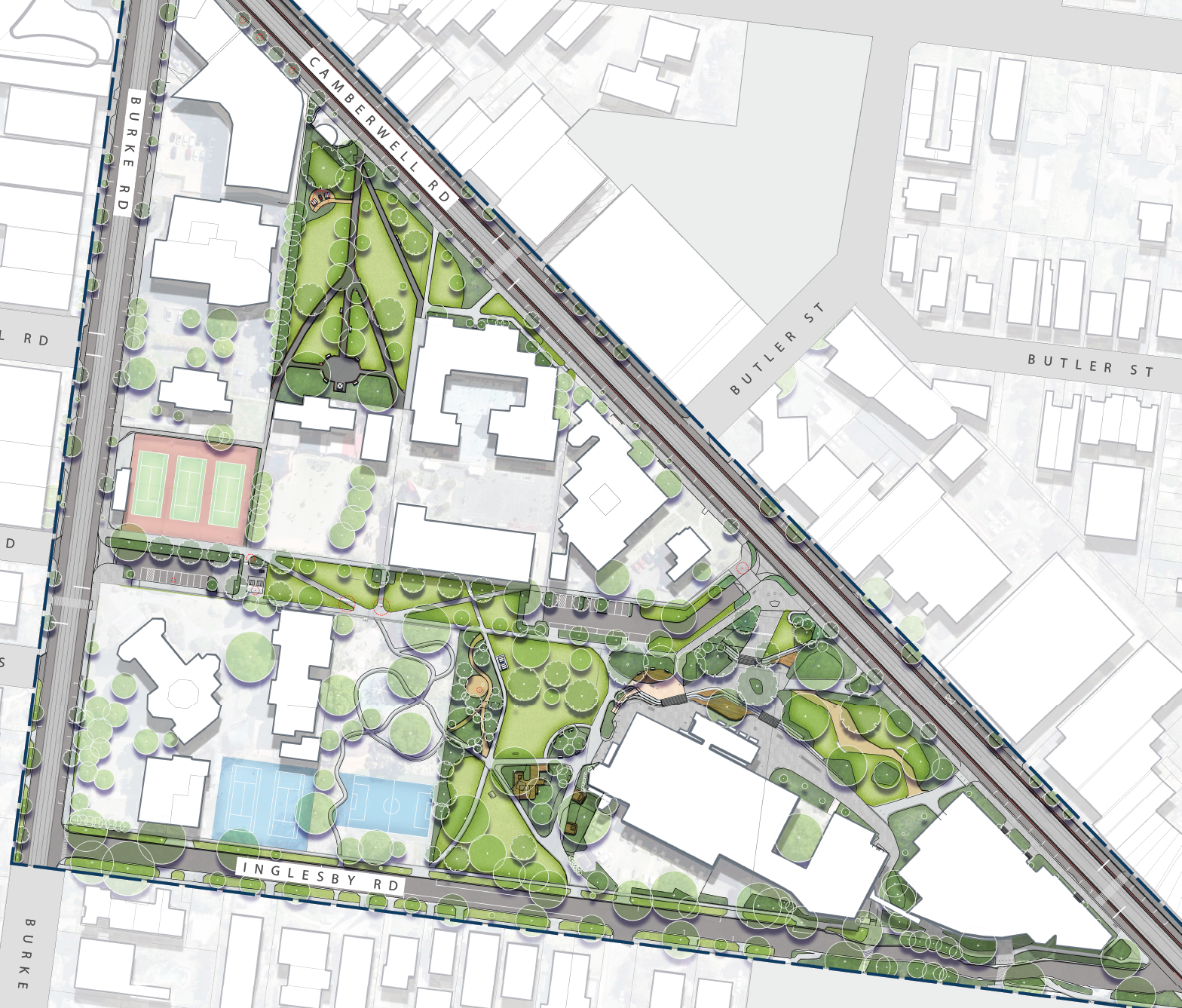 Map highlighting the overarching areas from the master plan