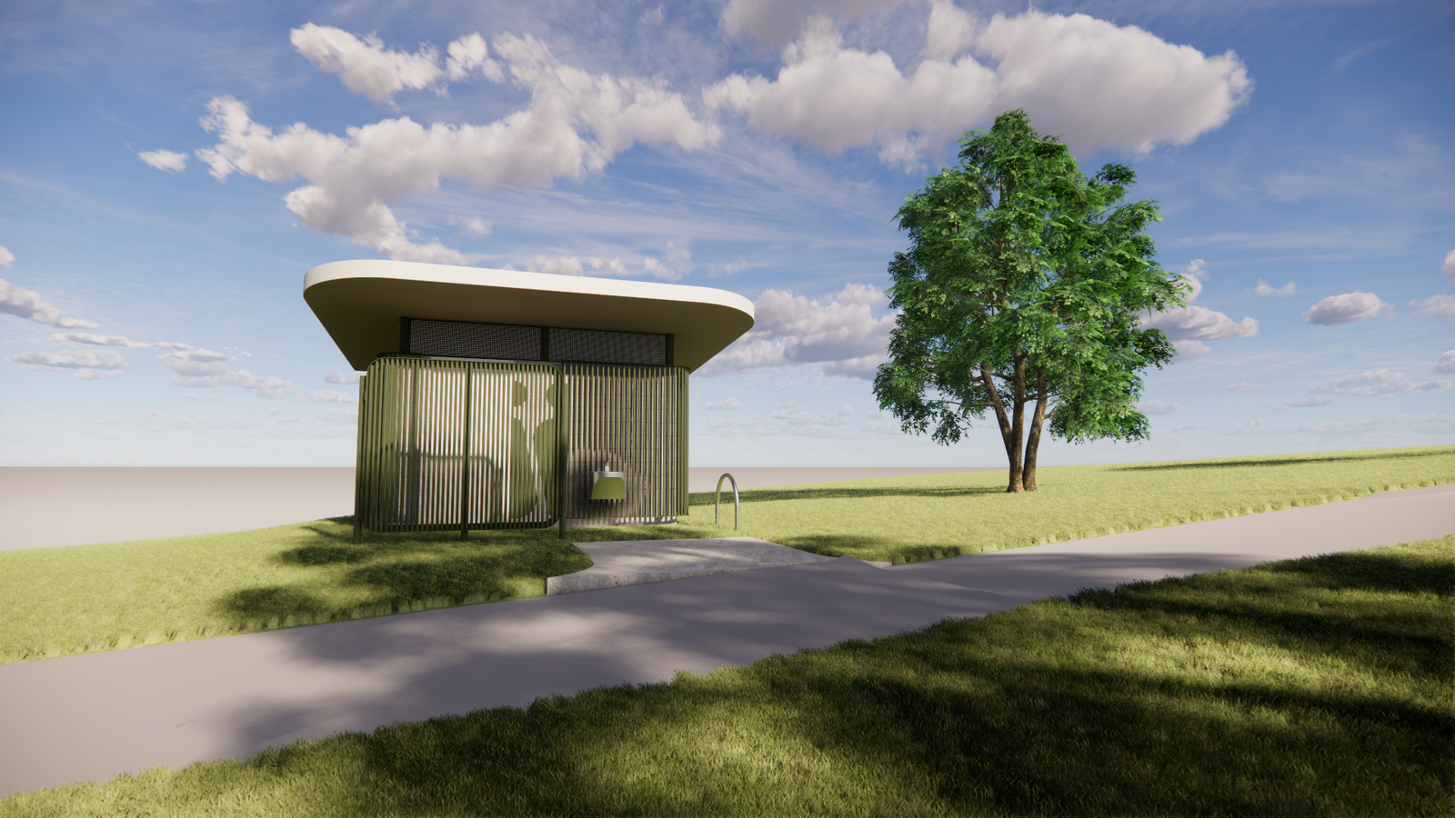 Modern public toilet design in green and cream colors, featuring a privacy screen, an outdoor sink and a bike rack