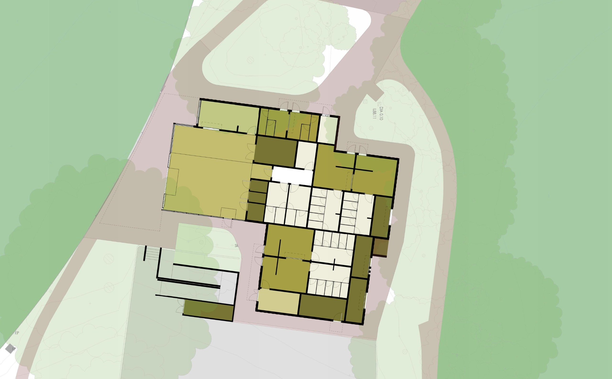 Floor plan of Greythorn Park Pavilion showing the layout of the building, including rooms, entrances and facilities. There is no text present in the image.