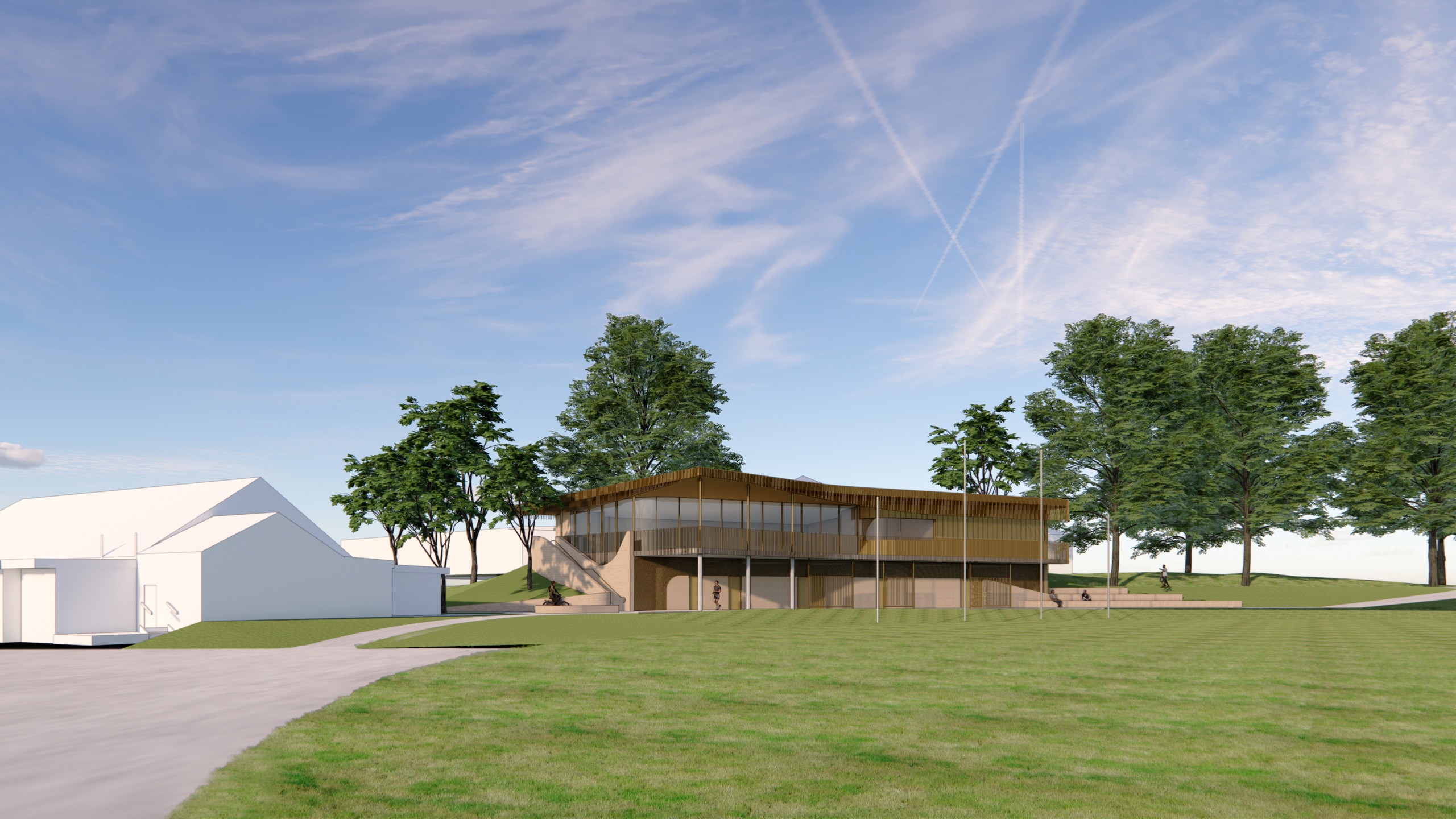 Render of proposed pavilion design from a distance with Scout Hall on the side