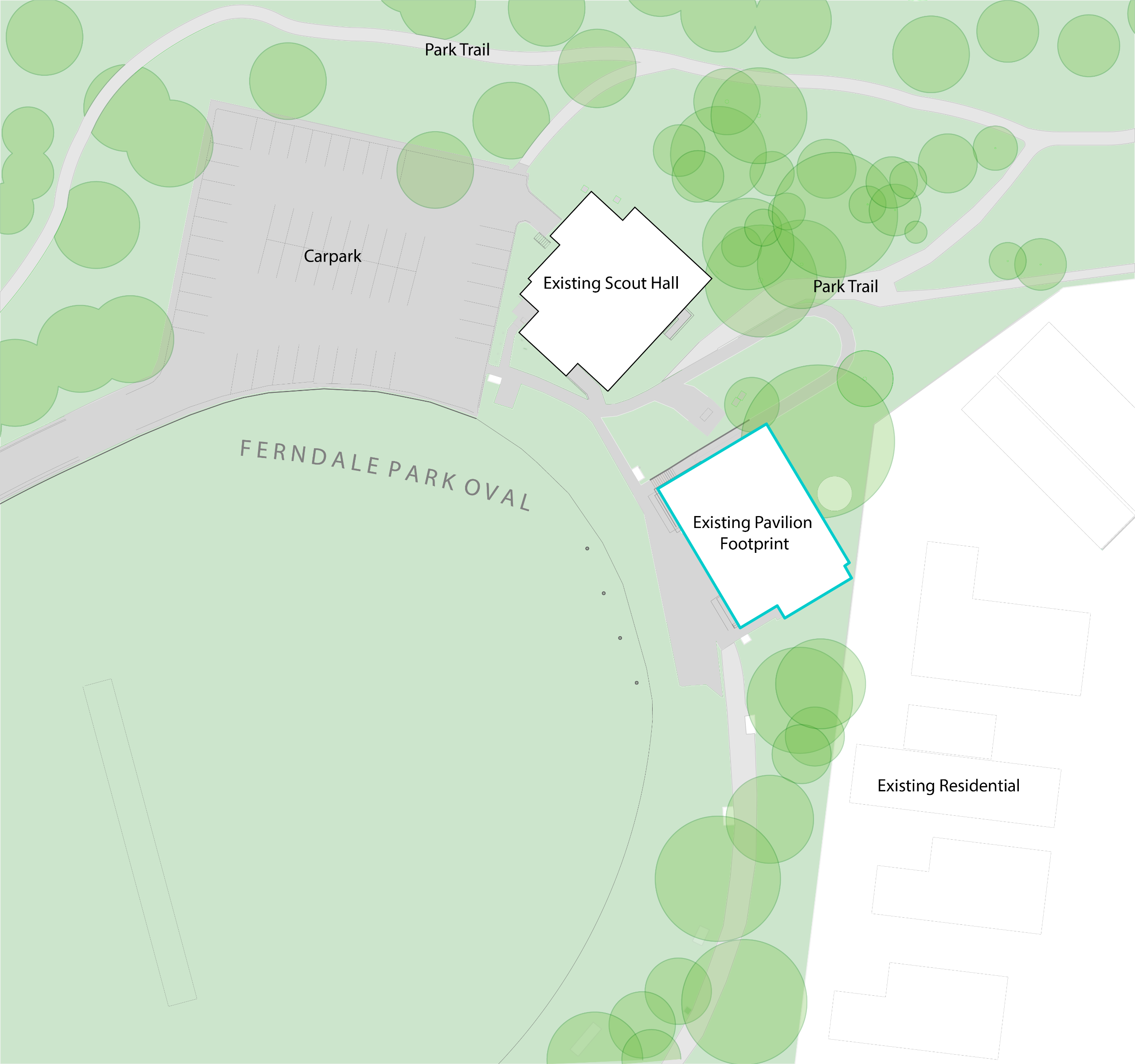 Before: Site plan showing existing pavilion footprint. As well as existing Scout Hall, carpark and park trail.