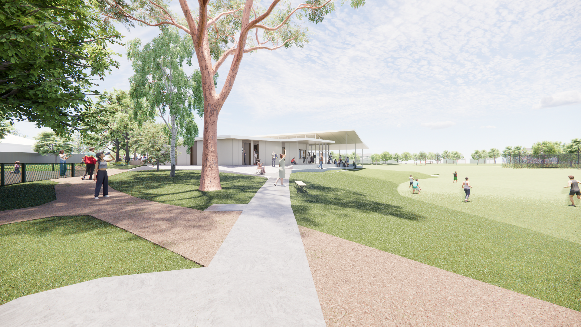 Render of the proposed pavilion design, viewed from the car park