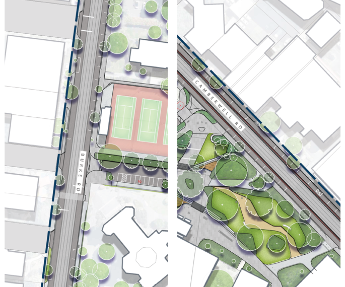 Map highlighting proposed recommendations to Burke and Camberwell Roads from the master plan