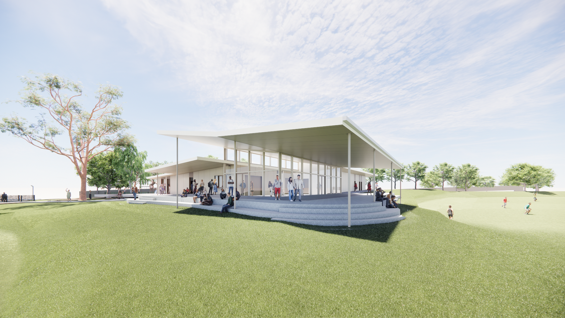 Render of the proposed pavilion design, viewed from the playing fields