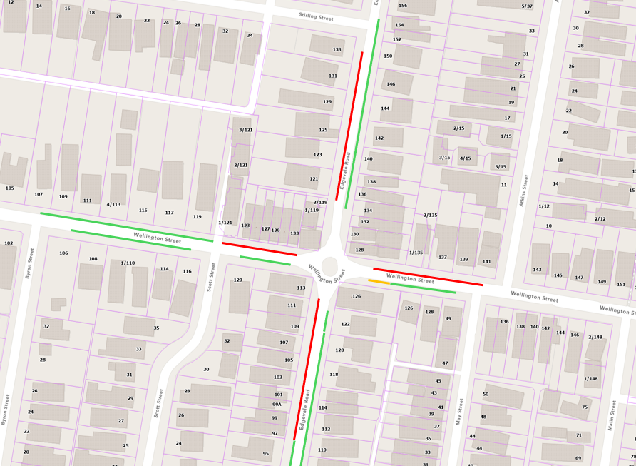 Map of intersection of Wellington Street and Edgevale Road, showing proposed parking changes on each of the 4 sections of road 