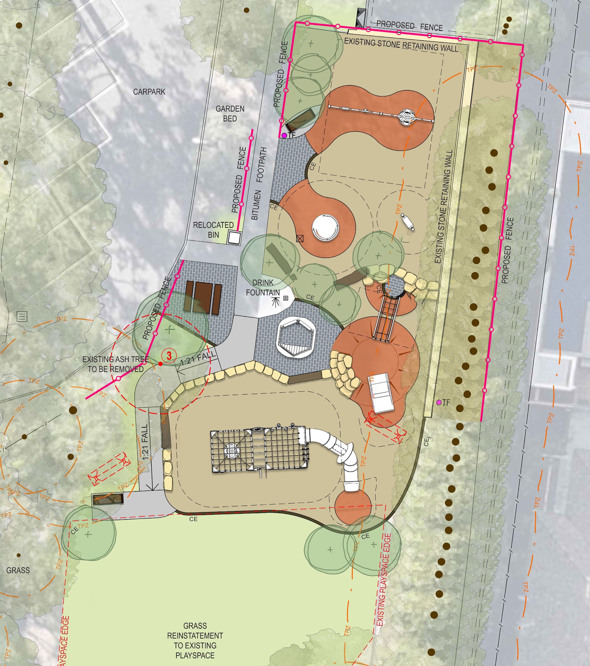 Map of Trafalgar Road Reserve playground highlighting proposed new features