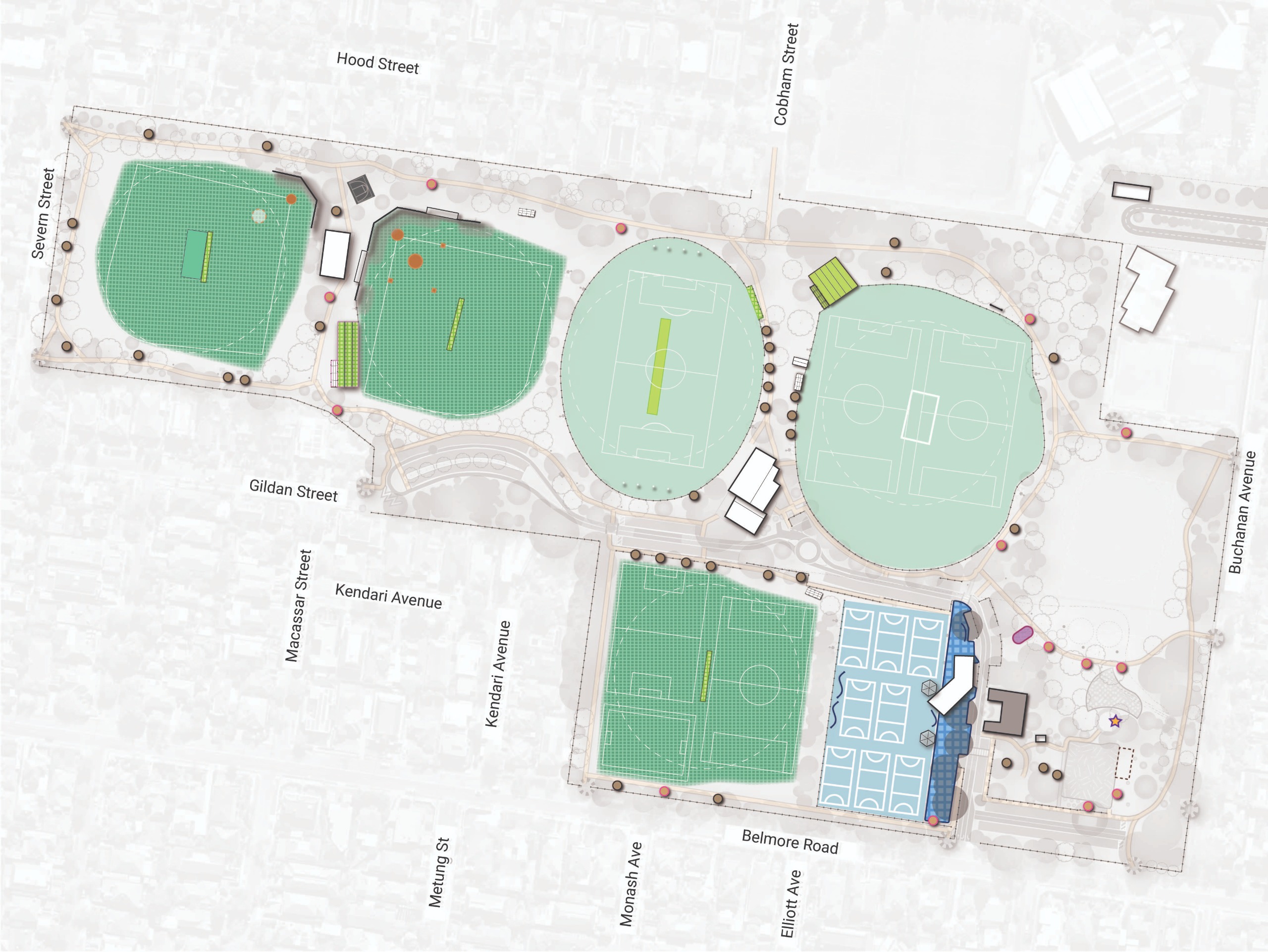  Map of the park with a focus on the sports, recreation and community park facilities