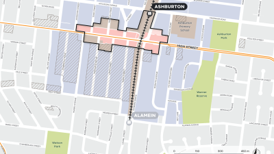 Map of Ashburton train and tram zone