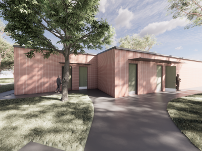 A render of a pavilion building with a flat roof and light brown brick walls, surrounded by grass and trees