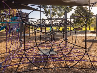 A photo of the rope climbing unit at Burwood Reserve's new playground