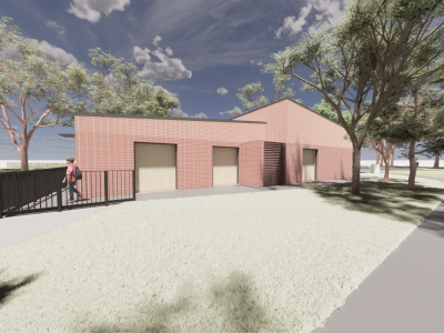 A render of a pavilion building with light brown brick walls, surrounded by grass and trees on a sunny day