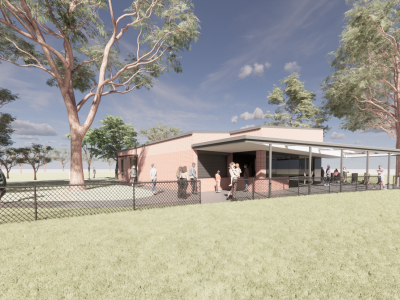 A render of a pavilion building with light brown walls, surrounded by grass, trees and people walking past