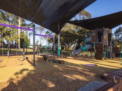 An overview photo showing the new playground at Burwood Reserve