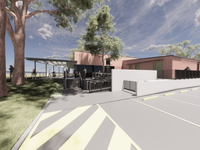 A render of the pavilion building with a flat roof and brown brick walls, seen from the car park